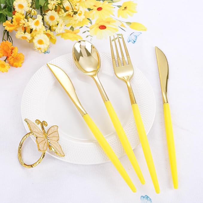 Supernal 102Pcs Gold Plastic Silverware, Gold Disposable Utensils with Yellow Handle, Yellow Plastic Silverware Heavy Duty Include 34 Forks, 34 Knives and 34 Spoons Perfect for Party, Mother's Day
