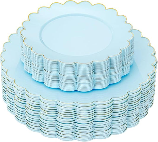 LIYH 60 Pcs Baby Blue Plastic Plates with Gold Edge - Disposable Light Blue Plastic Plates Includes 30 Dinner Plate 10.25" and 30 Dessert Plate 7.5" for Party Birthday