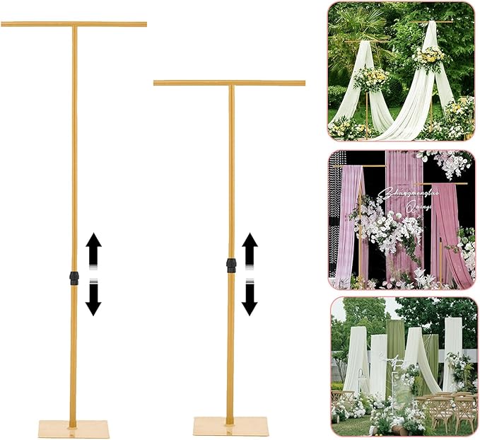 Vincidern 2pcs Adjustable Backdrop Stand for Wedding, Heavy Duty Metal Background Stand for Party, Wedding, Birthday, Events Decorations, Gold Pipe and Drape Backdrop Stand (2.6FT to 8FT Adjustable Height)