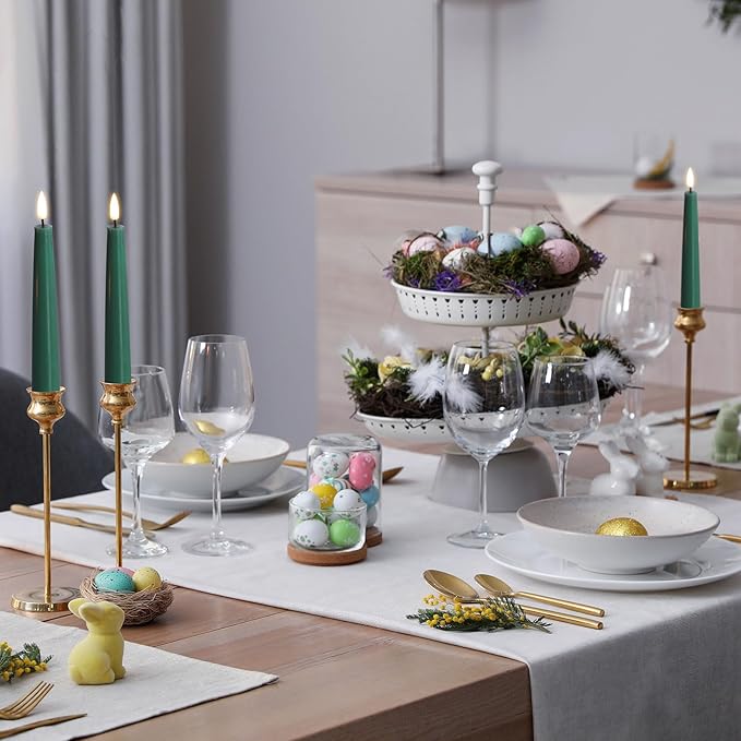 Eywamage Short Green Flameless Taper Candles with Remote, Flickering Christmas Battery LED Wax Candlesticks Set of 6