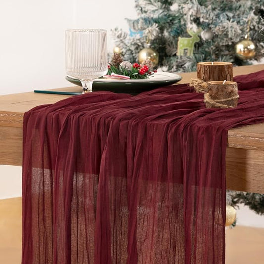 MLMC Burgundy Red Table Runner 10ft Rustic Gauze Wine Red Cheesecloth Table Runner Christmas Cheese Cloth Centerpiece 35x120 Inches for Wedding Bridal Shower Anniversary Valentine's Day Events Decor