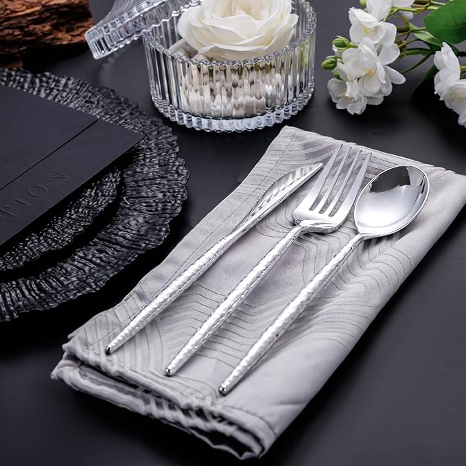 SUT 300PCS Silver Plastic Silverware, Utensils Plastic Disposable, Utensils Set Includes 100 Knives, Forks and Spoons, plastic cutlery, Disposable Silverware for Party, Hammered Silverware Set