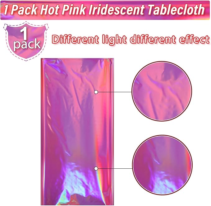 1 Pack Hot Pink Iridescence Plastic Tablecloths Shiny Disposable Laser Rectangle Table Covers Holographic Foil Tablecloth Iridescent Party Decorations Birthday Bridal Wedding Christmas, 54 x 108 Inch