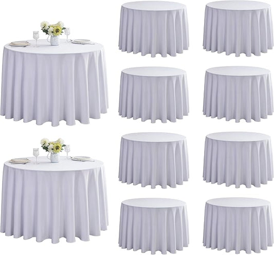 10-Pack Round 120-inch White Table Cloths, Solid Stain and Wrinkle Resistant Circular Tablecloth, Premium Plain Weave Polyester Fabric Table Linen Covers for Hotel, Banquet