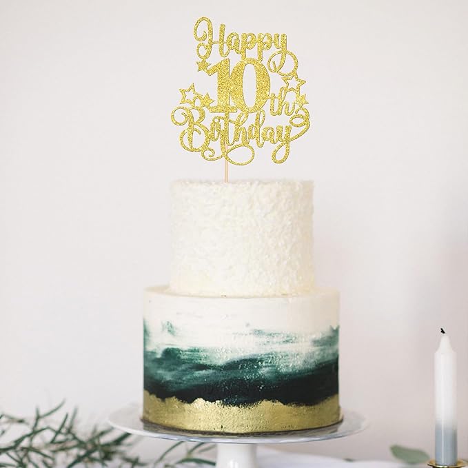 1 PCS Happy 10th Birthday Cake Topper Glitter Cheers to 10 Years Birthday Cake Pick Hello 10 Fabulous Cake Decoration for Happy 10th Birthday Anniversary Party Decorations Supplies Gold