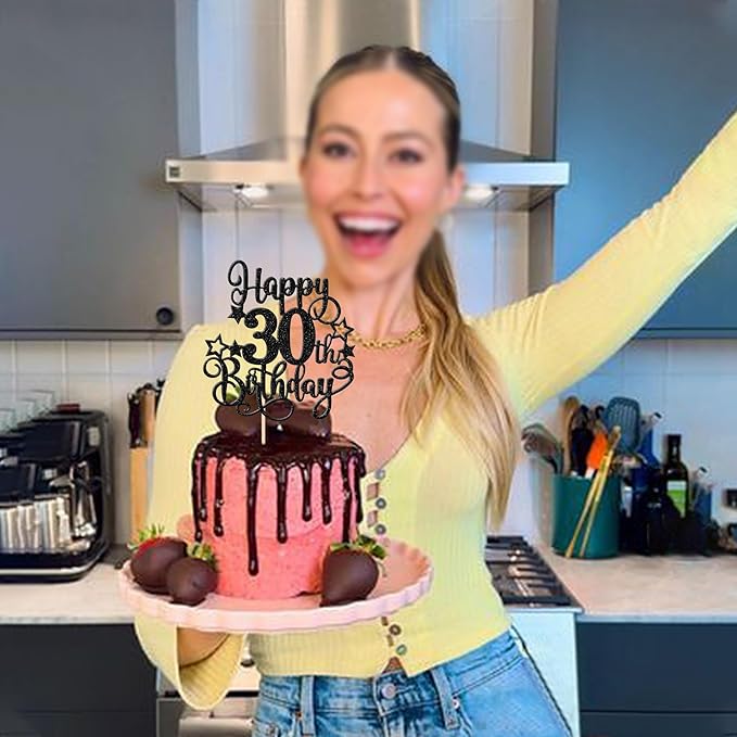 1 PCS Happy 30th Birthday Cake Topper Glitter Cheers to 30 Years Birthday Cake Pick Hello 30 Fabulous Cake Decoration for Happy 30th Birthday Anniversary Party Decorations Supplies Black