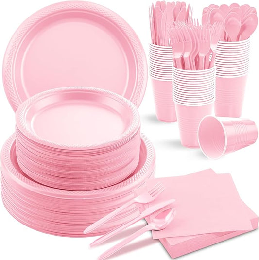 MirthMood 350pcs Pink Party Supplies Set, Disposable Plates Including Pink Plastic Plates, 12OZ Cups, Plastic Cutlery and Paper Napkins Serve 50 Guests for Wedding & Birthday & Party