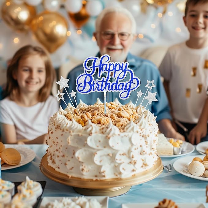 Happy Birthday Cake Toppers, Silver Blue, 7 Pieces, Glitter Cake Decorations for Boys Girls