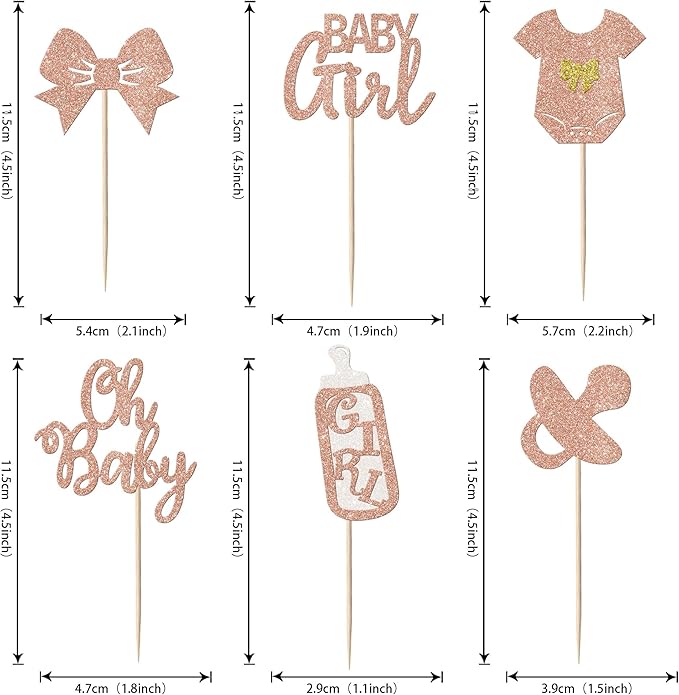 24 Pack It's a Girl Cupcake Toppers Glitter Pacifier Onesie Jumpsuit Bow Gender Reveal Cupcake Picks Welcome Baby Shower Cake Decorations for Baby Girl Birthday Theme Party Supplies Rose Gold