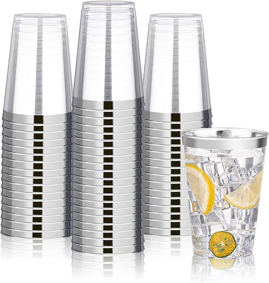 BESTVIP 12oz Silver Plastic Cups, 100 Pack Silver Rimmed Disposable Cups, Heavy-duty Party Cocktail Glasses for Christmas, Plastic Cups for Party, Holiday, Wedding and Birthday