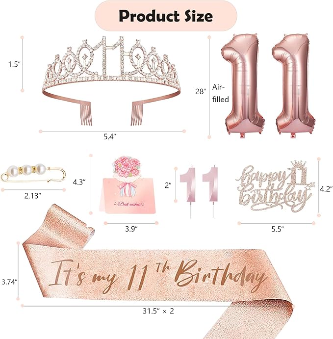11th Birthday Decorations for Girls, 11th Birthday Sash and Crown, Cake Topper, Number Candles and Balloons, 11 Year Old Gifts for Girls