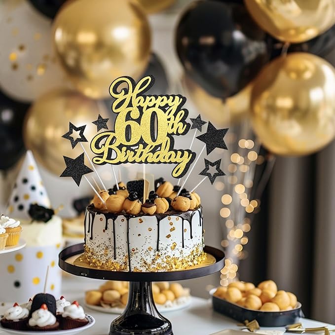 Happy 60th Birthday Cake Topper 60 Birthday Cake Decorations, Happy 60th Birthday Anniversary Party Cake Decorations for Men Women, Black Gold Glitter