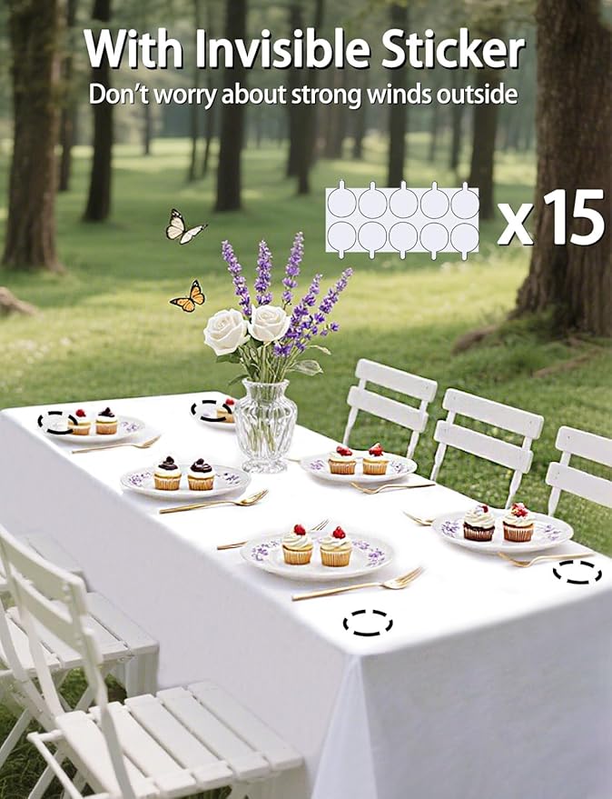 54 in X 300 Ft Plastic Table Cloth Roll Disposable White Tablecloth with Slide Cutter Box for Rectangle Round Tables,Picnic,Camping,Banquet,Party,Birthdays, Baby Shower [with Fixed Stickers]