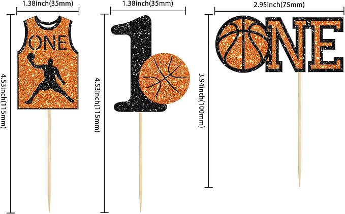 24Pcs Basketball One Cupcake Toppers Glitter Number 1 First Birthday Basketball Cupcake Picks for Sports Theme Baby Shower Kids 1st Birthday Party Cake Decorations Supplies