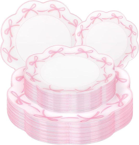 LIYH 60 Pcs Pink Bow Plastic Plates for Party - Pink Scalloped Scalloped Plates Disposable Heavyduty for Decorative Tableware for Holiday Party Decor Supplies - 10.25" Dinner & 7.5" Dessert Plate