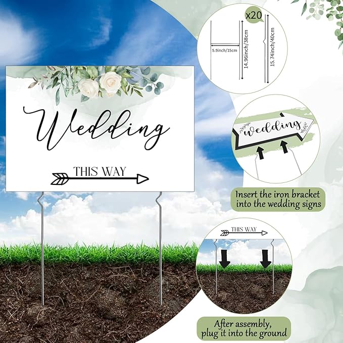 OurWarm 11 Pcs Wedding Direction Signs with Stakes, Wedding Welcome Signs Arrow Shaped Wedding This Way Directional Road Signs, Double Sided Printed Wedding Parking Sign Yard/Lawn Signs for Reception