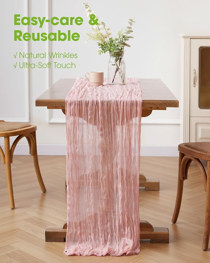 Pureegg 2-Pack Cheese Cloths Table Runner, 120'' Boho Table Cloth Decorations for Party, Baby Shower, Wedding and Farmhouse, Fabric Room Decor, Dusty Pink