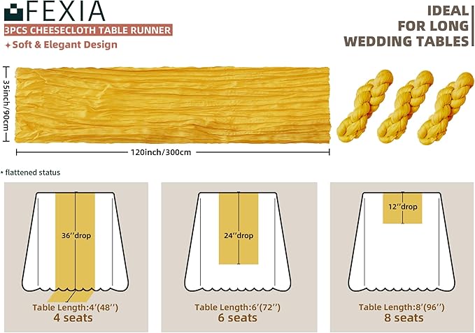 FEXIA 3 Pack Gold Table Runner 35x120 Inches for Summer Decor Baby Shower Decoration Gauze Rustic Table Runner for Wedding Party First Communion Centerpiece Engagement Bridal Shower Boho Decoration