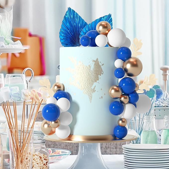 NEBURORA 64 Pcs Balls Cake Toppers and Leaves Decoration Set Mini Balloons for Cake Decorating Supplies Balls Cake decorations for Baby Shower Cake Toppers Birthday Cake Decorations(Blue Gold）