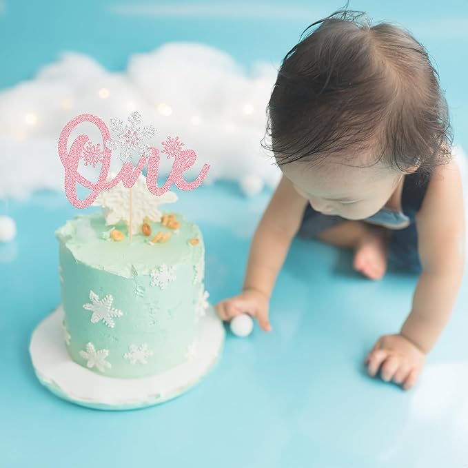 1 Pack Snowflake One Cake Topper Pink Glitter 1st Birthday Party Cake Pick Decorations for Winter Snowflake Theme Baby Shower Kids First Birthday Party Supplies