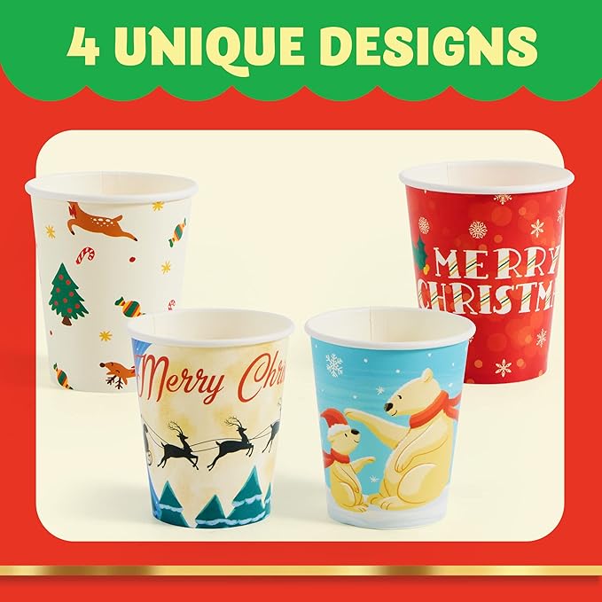 JOYIN Christmas 48 Pcs Paper Cup with Holiday Design, 9 oz Xmas Disposable Dinnerware Cups Party Supplies for Hot and Cold Beverages