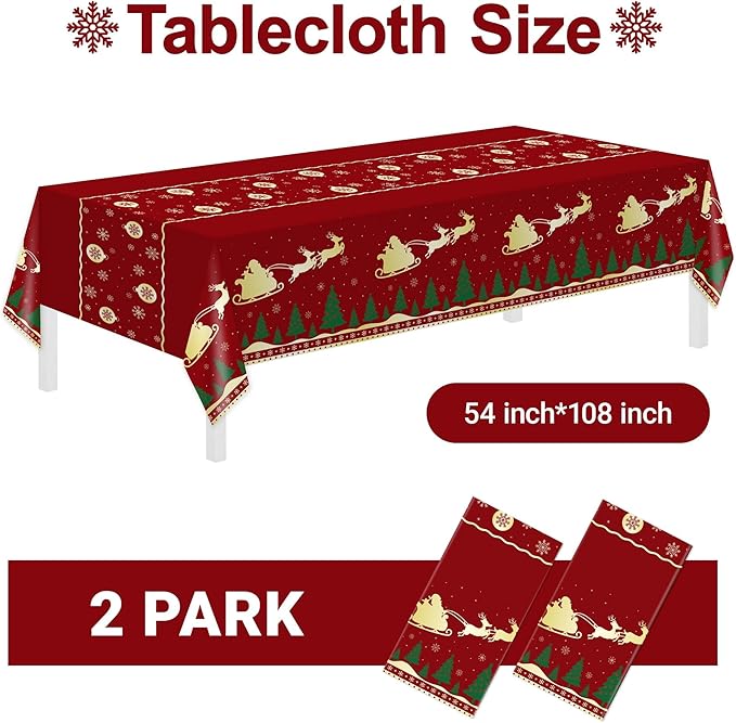 Christmas Tablecloth,2 Pack Disposable Plastic Tablecloths for Rectangle Tables 54"x108",Christmas Decorations,Red Reindeer Table Cloths for Home,Dinner,Xmas Table Cover for Outdoor,Picnic,Birthday
