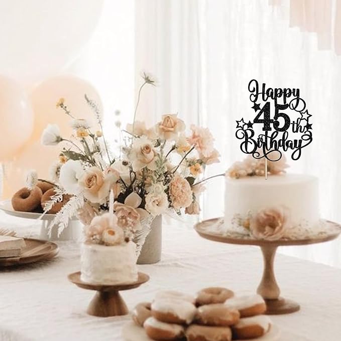 1 PCS Happy 45th Birthday Cake Topper Glitter Cheers to 45 Years Birthday Cake Pick Hello 45 Fabulous Cake Decoration for Happy 45th Birthday Anniversary Party Decorations Supplies Black