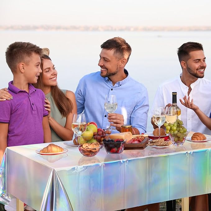 BRAVESHINE Disposable Iridescent Tablecloth - Holographic Table Cloths Rectangle Table Covers for Mermaid/Undersea/Frozen/Ocean Theme Party Decorations - 2 Pack, 54 x 108In