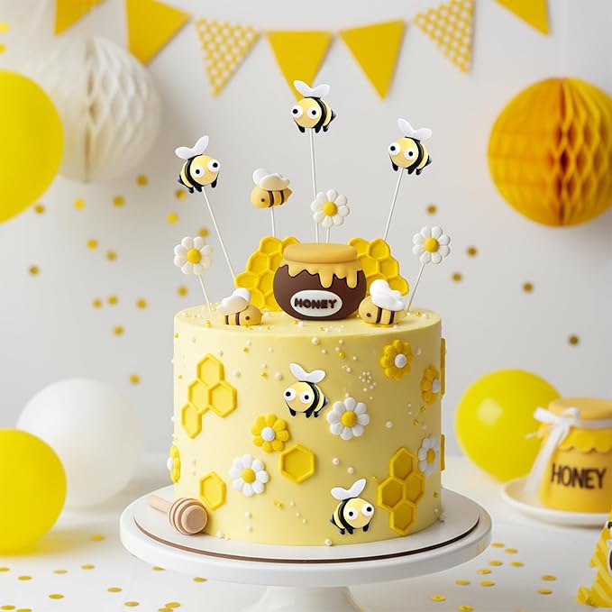 Knana 19Pcs Bee Cake Topper Bee Honeycomb Cake Decorations Honey Bee Theme Baby Shower Birthday Party Decoration Supplies