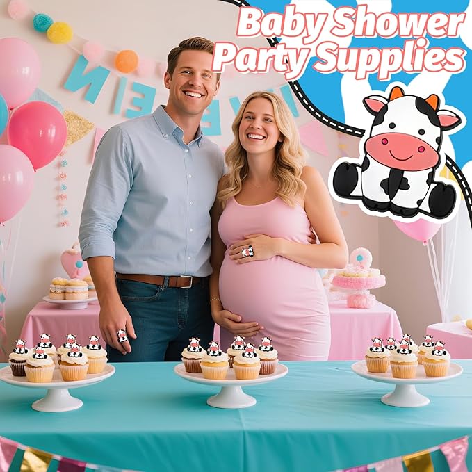 24 PCS Cow Cupcake Toppers Farm Animals Theme Cupcake Ring Oh Baby Cow Cake Toppers Cake Decoration for Birthday Baby Shower Gender Reveal Party Favor Nursery Wild Party Supplies