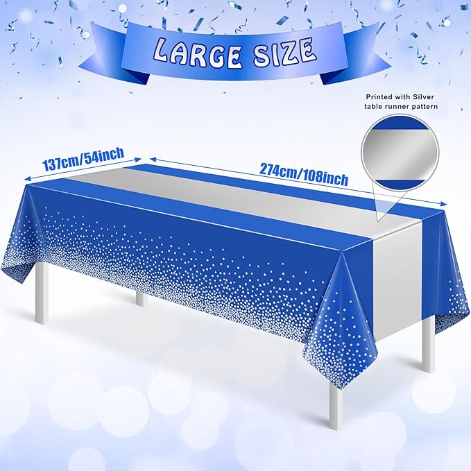 1Pcs Blue Silver Tablecloth Party Decorations,Plastic Royal Blue Table Cloth Printed Silver Table Runner Disposable Rectangle Tables Cover for Anniversary Wedding Graduation 2024 Party,54 x108 Inch