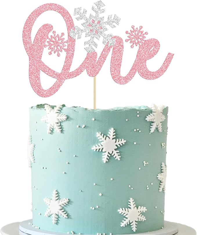 1 Pack Snowflake One Cake Topper Pink Glitter 1st Birthday Party Cake Pick Decorations for Winter Snowflake Theme Baby Shower Kids First Birthday Party Supplies