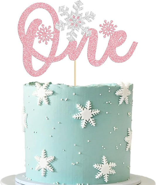 1 Pack Snowflake One Cake Topper Pink Glitter 1st Birthday Party Cake Pick Decorations for Winter Snowflake Theme Baby Shower Kids First Birthday Party Supplies