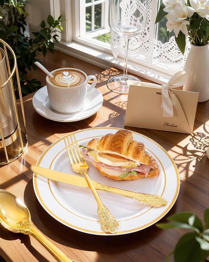 bUCLA HEAVYWEIGHT 150PCS Gold Plastic Silverware Disposable - Extra Heavy Duty Plastic Cutlery - Gold Disposable Utensils Set - Include 50 Knives, 50 Forks,50 Spoons for Party & Special Moments