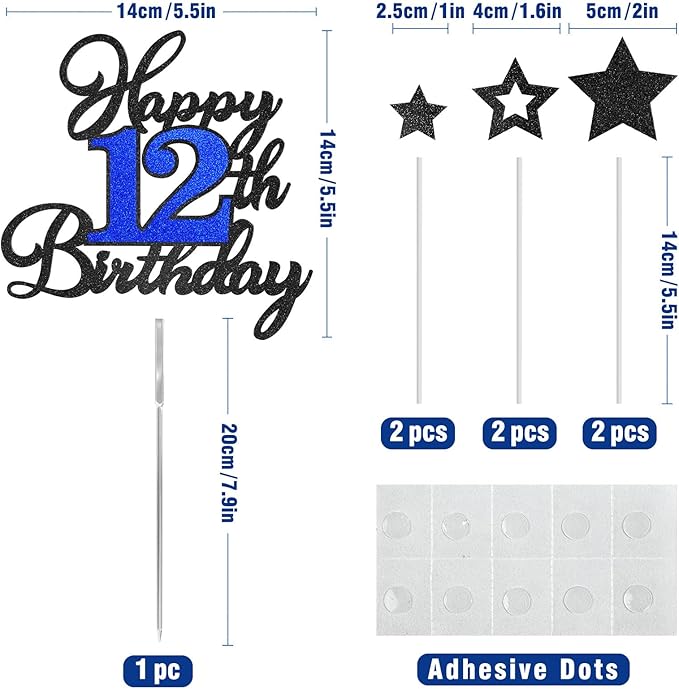 12th Birthday Cake Topper, Black Blue Happy 12th Birthday Cake Toppers for Boy Girl, 12 Years Old Birthday Party Supplies, Glitter Cake Decor, 12th Birthday Cake Decorations