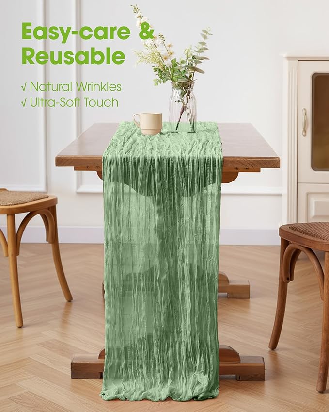 Pureegg 2-Pack Cheese Cloths Table Runner, 120'' Boho Table Cloth Decorations for Party, Baby Shower, Wedding and Farmhouse, Fabric Room Decor, Sage Green