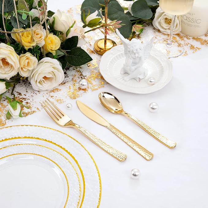 Nervure 300PCS Gold Hammered Plastic Silverware - Heavy Duty Plastic Cutlery - Gold Disposable Utensils Includes 100 Forks, 100 Knives, 100 Spoons Perfect for Wedding & Party