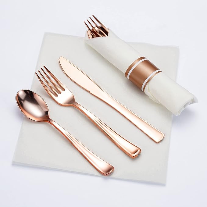 50 Pack Pre Rolled Rose Gold Plastic Silverware Set with Napkins,Disposable Wrapped Heavy Duty Cutlery Set for Wedding Birthday Party-50 Forks,Knives,Spoons,Utensils Set,Plasticware Bulk