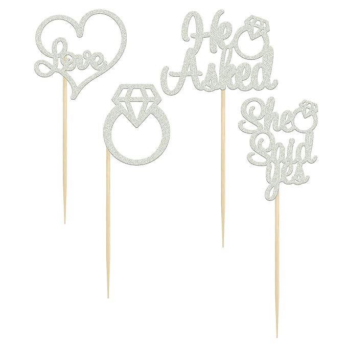 Gyufise 24 Pack Silver Glitter He Asked She Said Yes Cupcake Toppers Diamond Ring Heart Cake Picks for Wedding Engagement Party Cake Decorations