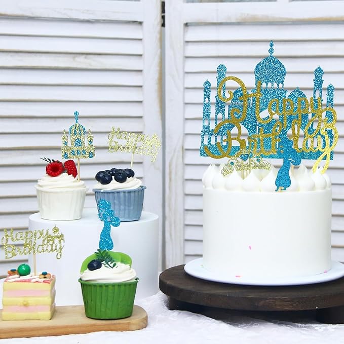 26Pcs Glitter Princess Cake Topper Set with Lake Blue Castle Gold Happy Birthday Cake Toppers Crown Cupcake Topper for Arabian Princess Birthday Baby Shower Costume Party Decor