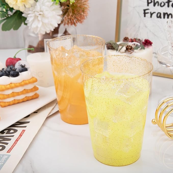I00000 100 Pack 12 oz Gold Glitter Cups, Clear Disposable Cups, Gold Plastic Wine Glasses Cocktail Glasses Heavy Duty Cups, 12 Ounce Glitter Plastic Tumblers for Party