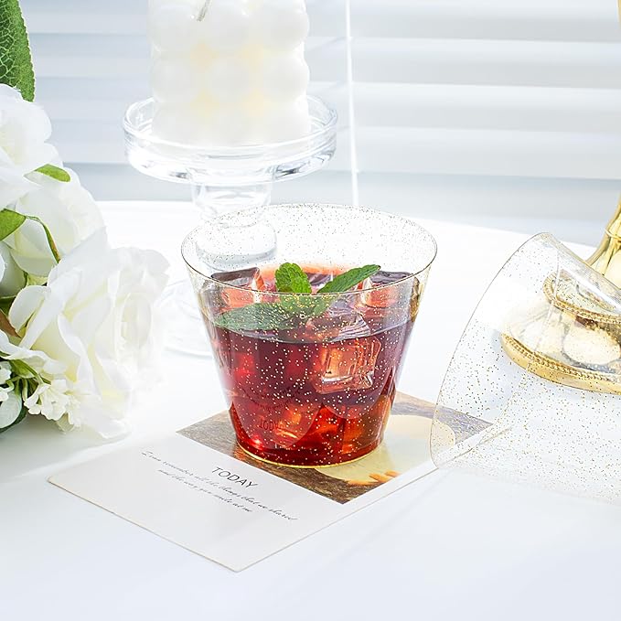 I00000 60 pcs Gold Plastic Cups - 9 OZ Hard Gold Glitter Plastic Cups For Cocktail and Drinking - Premium Disposable Cup with Gold Glitter For Fancy Wedding Party Cup