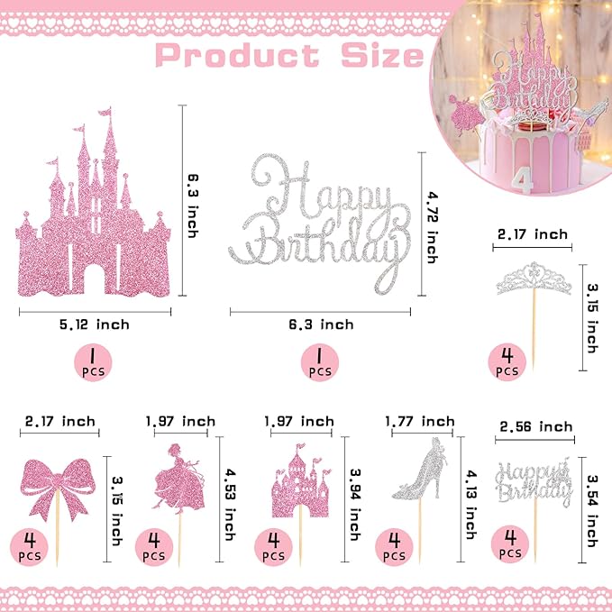 26Pcs Castle Princess Cake Topper Silver Pink Glitter Princess Cupcake Toppers High Heel Bow Crown Princess Cake Decorations for Princess Birthday Party Supplies Baby Bridal Shower