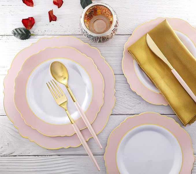 I00000 144Pcs Pink Plastic Silverware, Gold Disposable Flatware with Pink Handle, Gold Plastic Cutlery Set Includes: 48 Forks, 48 Knives and 48 Spoons Perfect for Party & Wedding