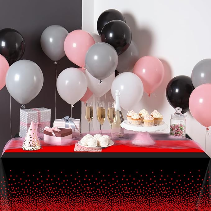 MASHAN 12Pcs Black and Red Tablecloth Party Decorations,Plastic Black Table Cloth Printed Red Table Runner Disposable Rectangle Cover for Birthday Weeding Anniversary Graduation Party,54 x108 Inch