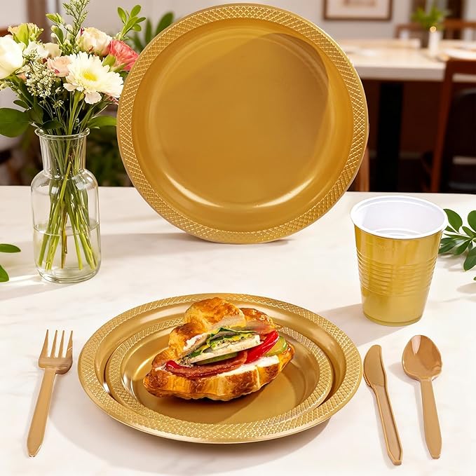 MirthMood 350PCS Gold Plastic Plates,Gold Disposable Plates –Plastic Plates Set Includes 50 Dinner,50 Dessert Plate,50 Cup&50 Napkins, 50 gold Silverware for Wedding& Parties& Birthday