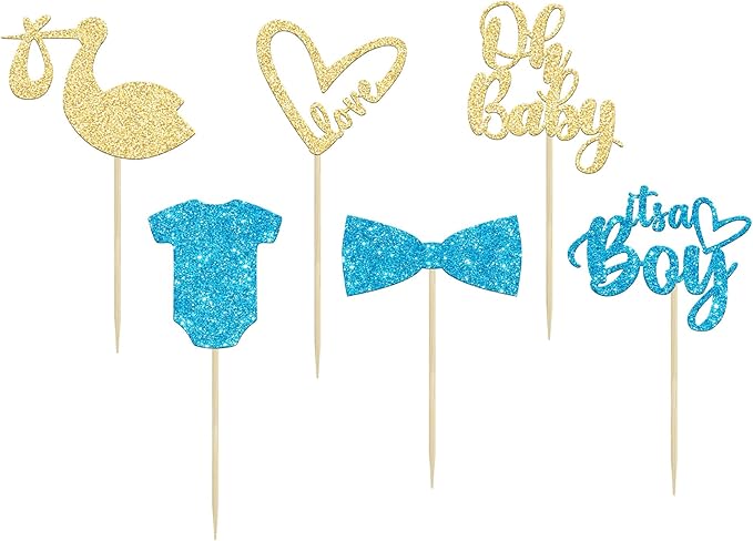 Gyufise 36 Pack Oh Baby Cupcake Toppers Assembled It's a Boy Cupcake Toppers with Tie Onesie Love Heart Glitter Cake Picks Decorations for Baby Shower Boy Birthday Party Supplies