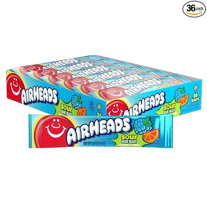 Airheads SOUR Candy Bars, Sour Blue Blast Flavored, Bulk, Concessions, Parties, Pack of 36 Bars