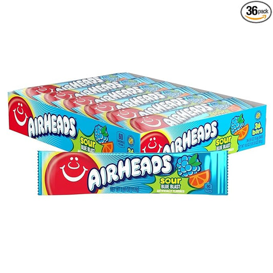 Airheads SOUR Candy Bars, Sour Blue Blast Flavored, Bulk, Concessions, Parties, Pack of 36 Bars