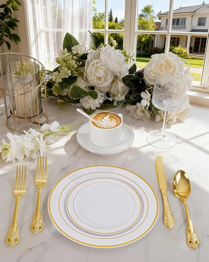 bUCLA HEAVYWEIGHT 300PCS Gold Plastic Silverware Disposable - Extra Heavy Duty Plastic Cutlery - Gold Disposable Utensils Set - Include 100 Knives, 100 Forks, 100 Spoons for Party & Special Moments
